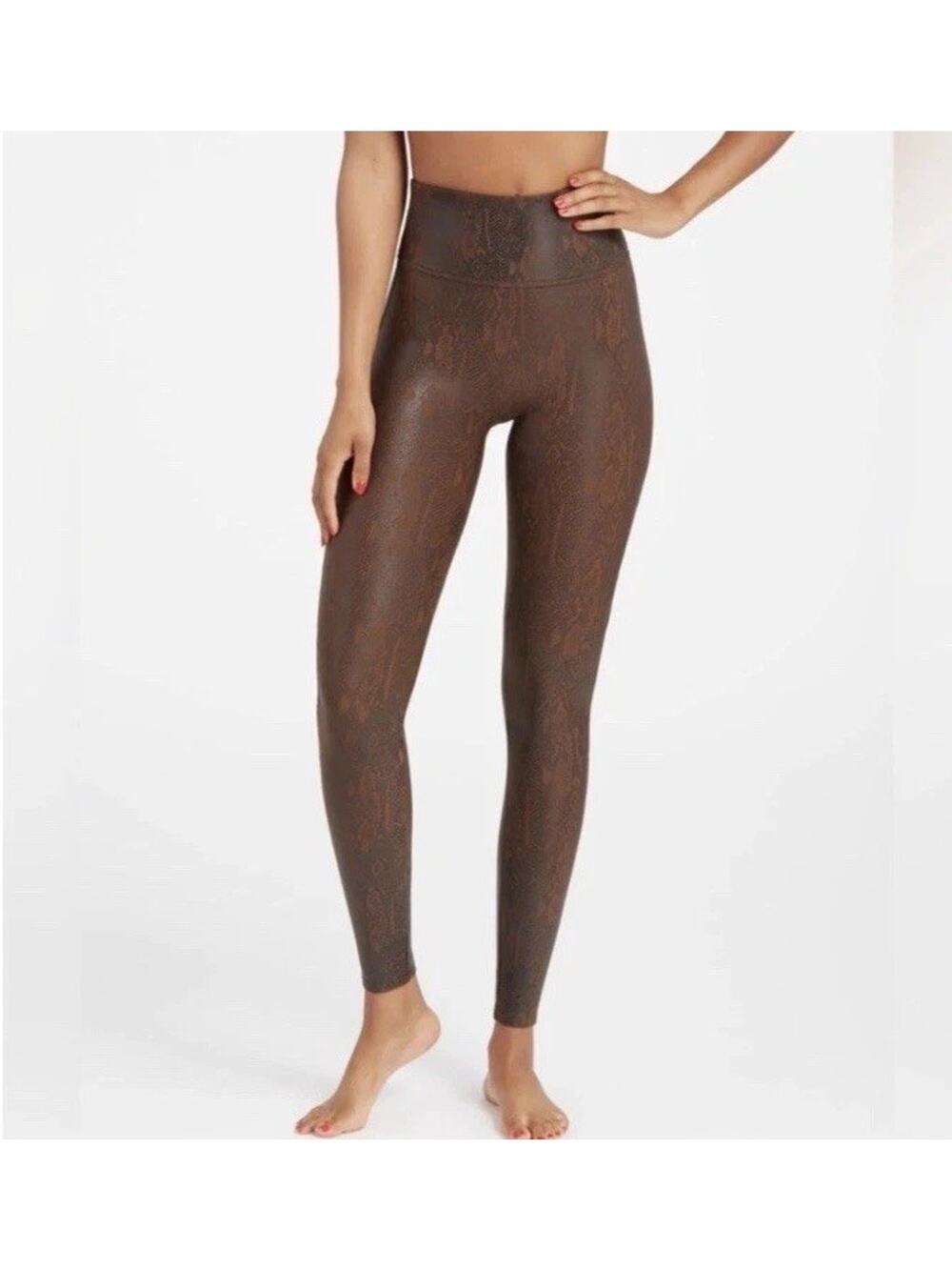 Spanx Snakeskin Faux Leather High Rise Leggings Pants Brown Size Medium M EUC
